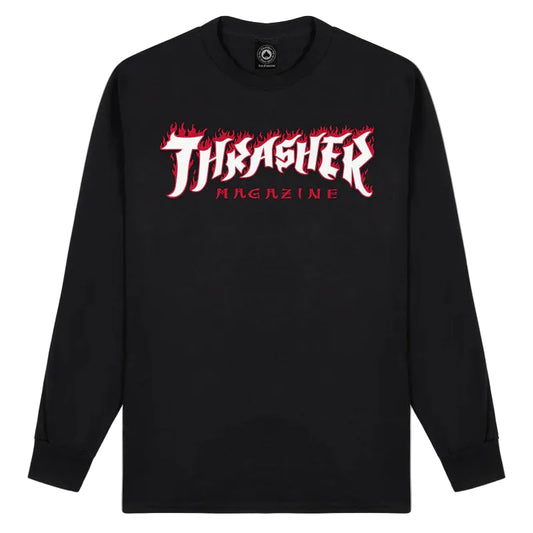 Black long-sleeve shirt with Thrasher Magazine logo on a white background