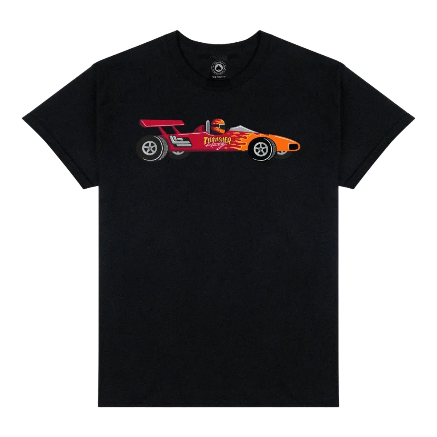 Black t-shirt with a red and orange race car graphic on a white background