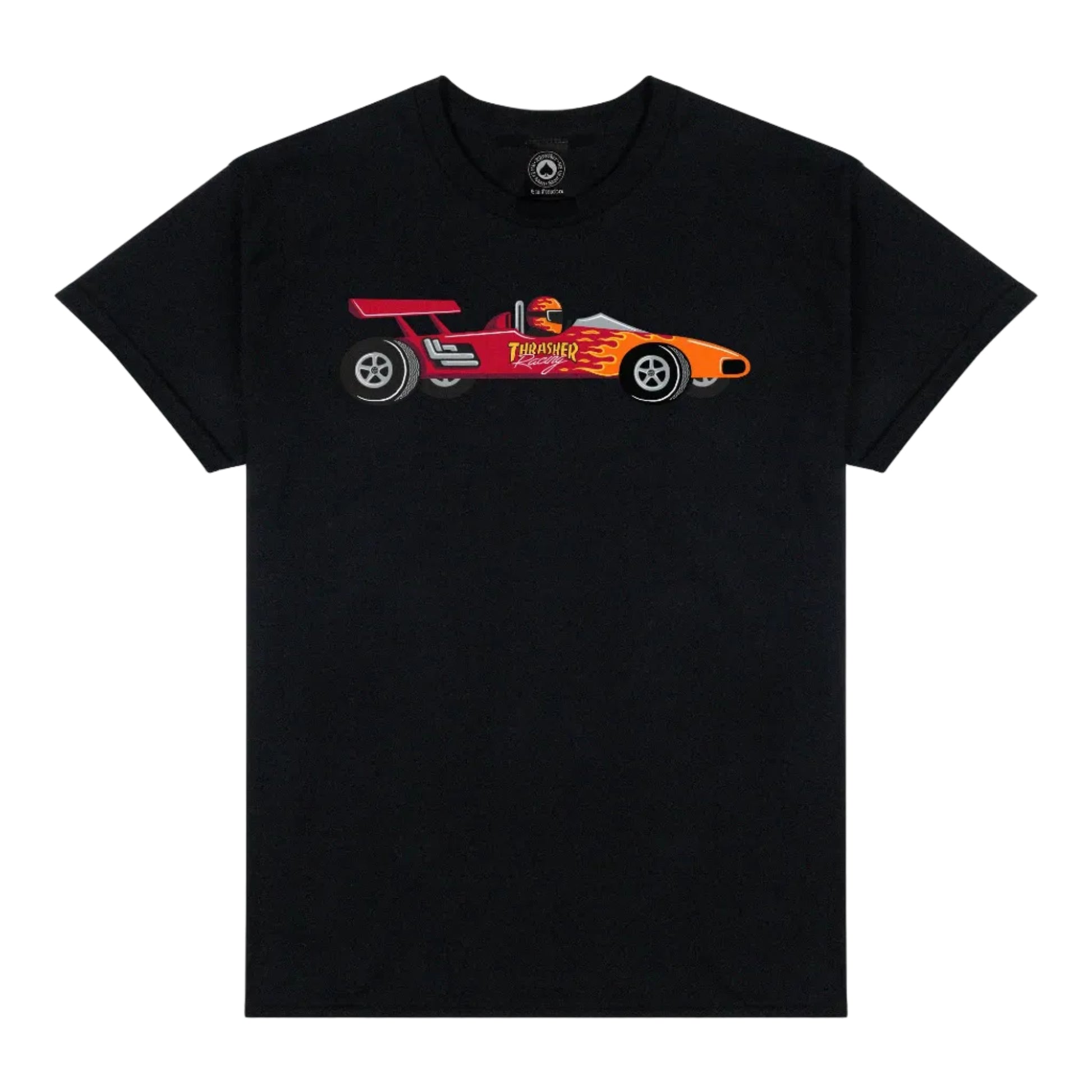 Black t-shirt with a red and orange race car graphic on a white background