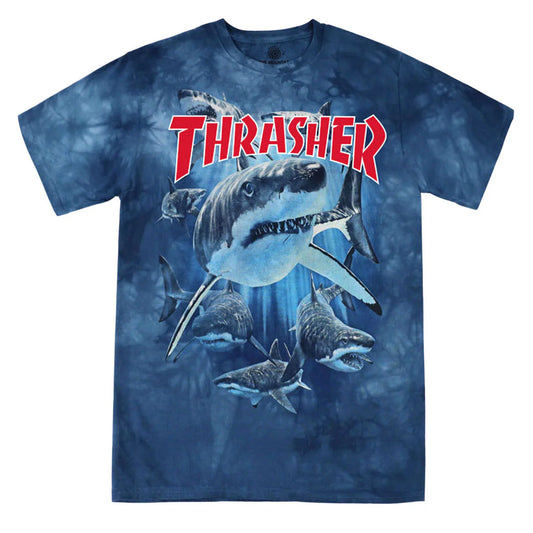 Tie-dye t-shirt with a shark graphic and 'Thrasher' logo on a white background