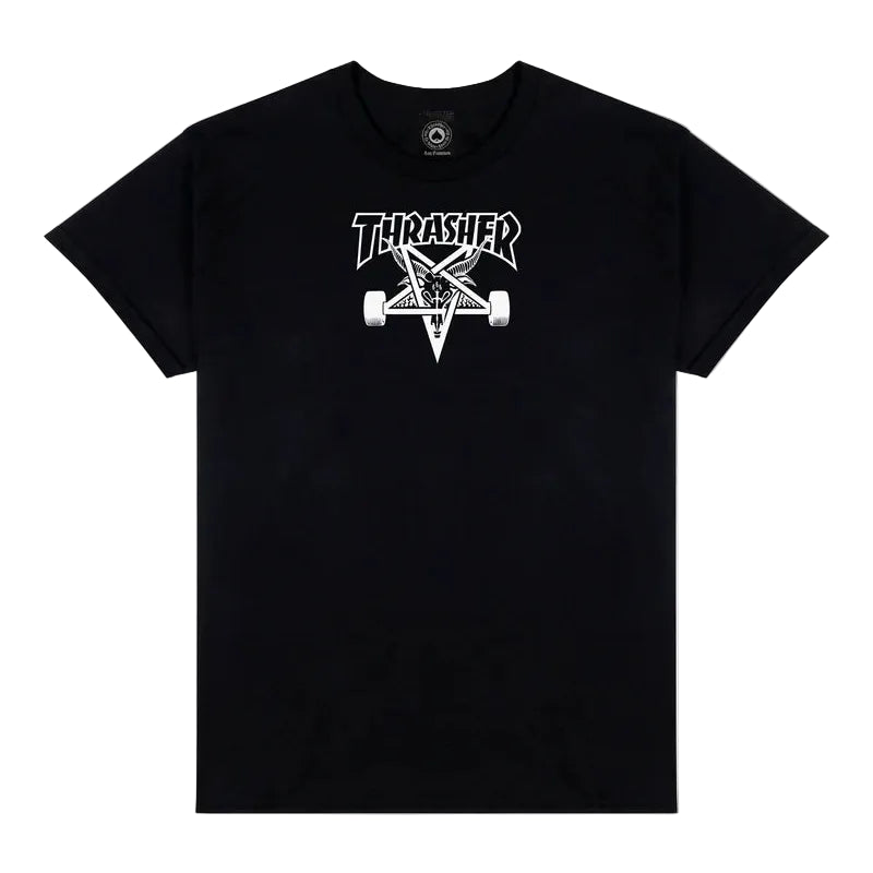 Black t-shirt with Thrasher logo on a light gray background