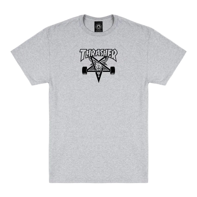 Gray t-shirt with Thrasher logo on a white background