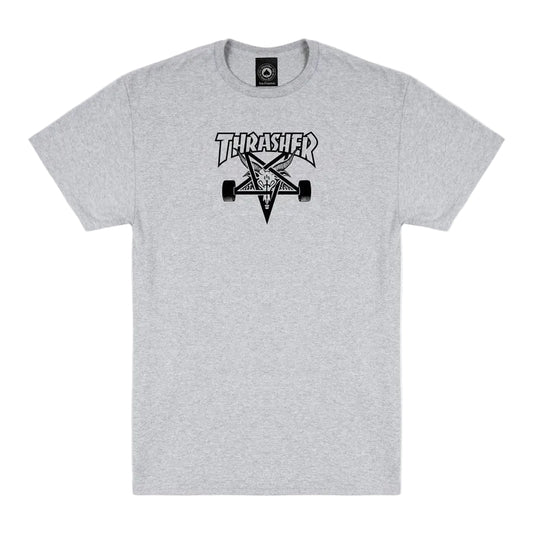 Gray t-shirt with Thrasher logo on a white background