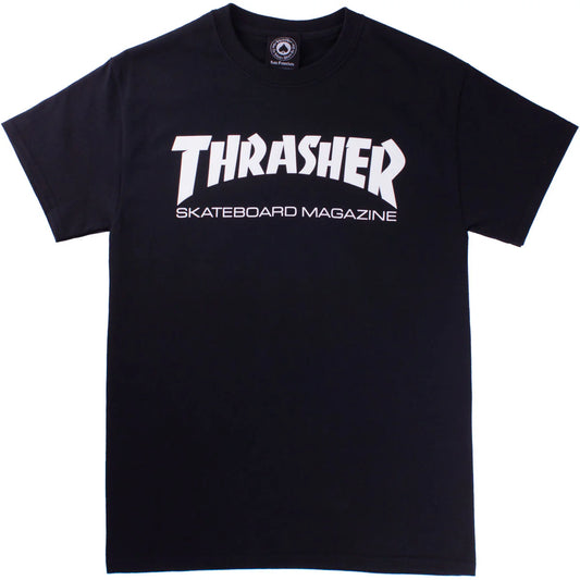 Black t-shirt with 'Thrasher Skateboard Magazine' logo on a white background