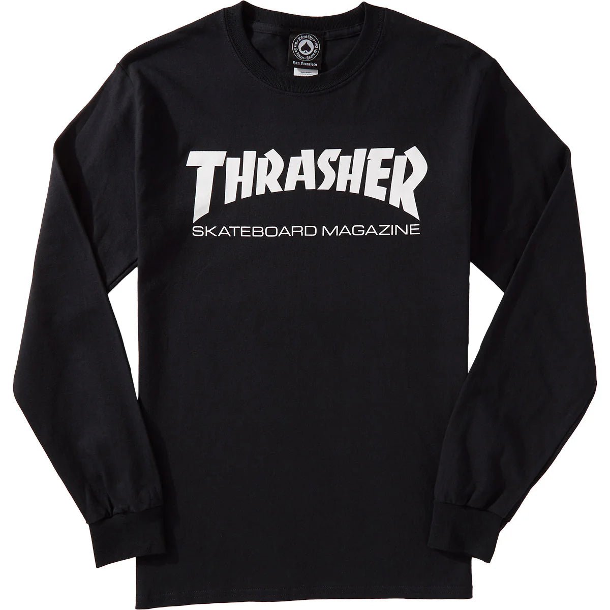 Black long-sleeve shirt with 'Thrasher Skateboard Magazine' logo on a white background