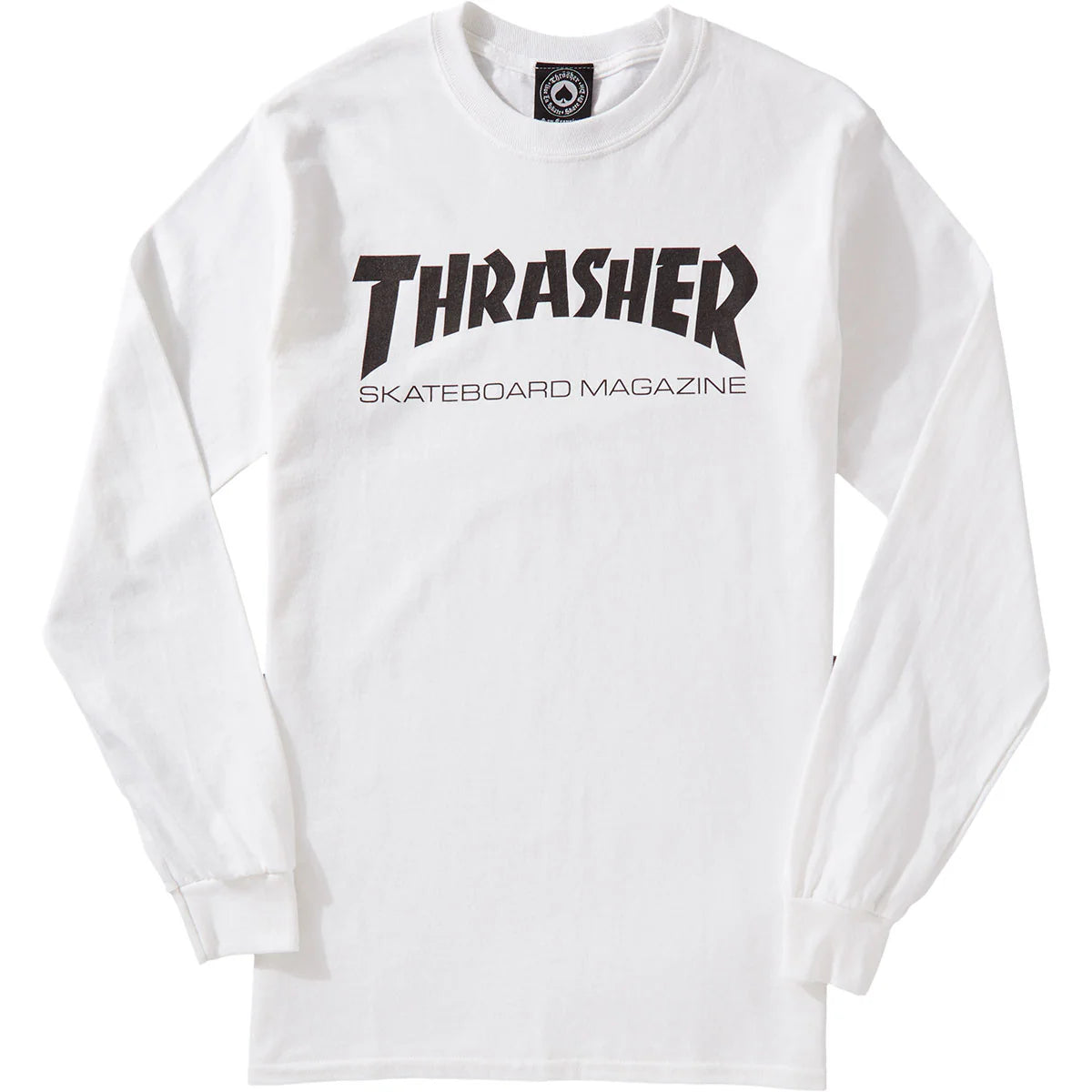 White long-sleeve shirt with 'Thrasher Skateboard Magazine' logo on a white background