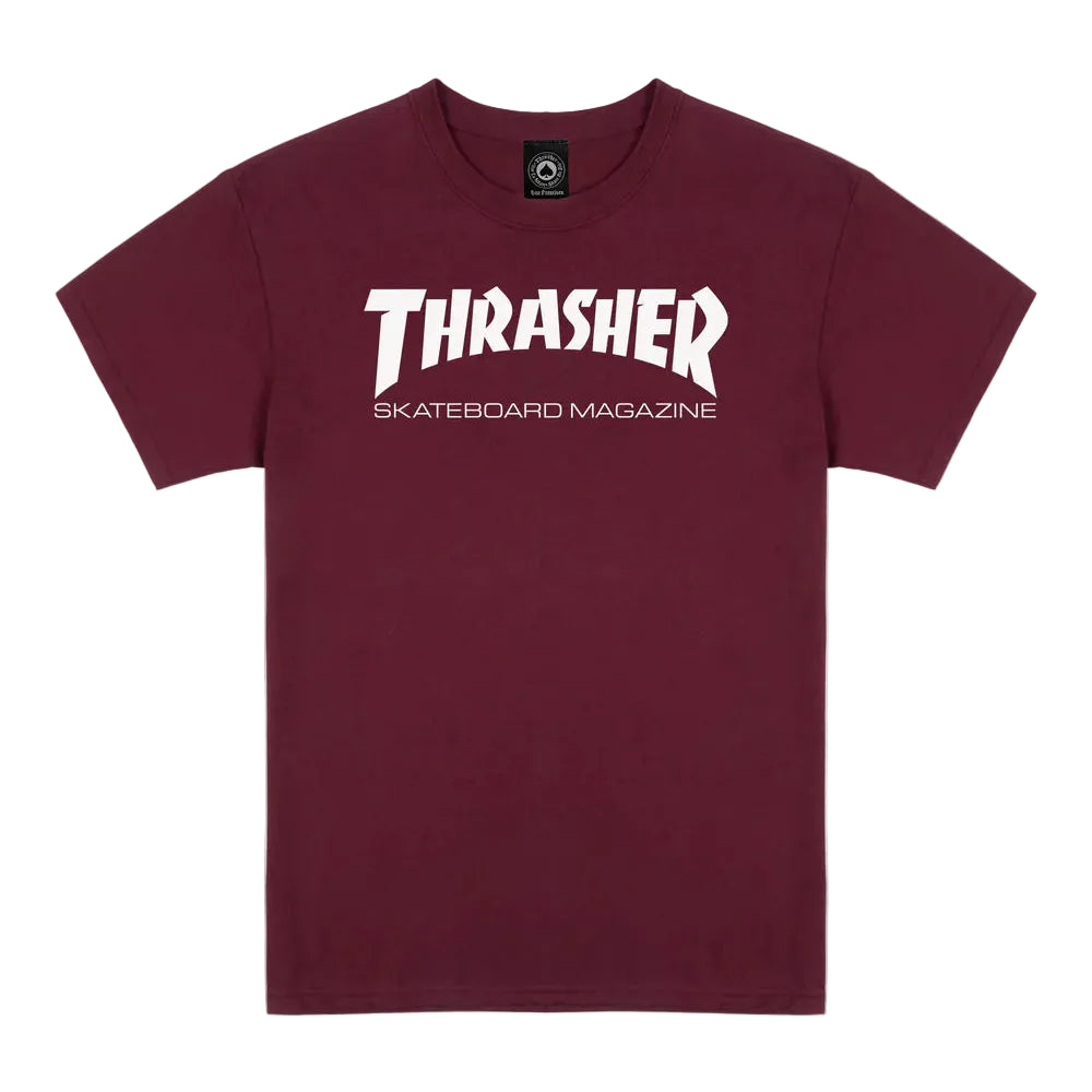 Maroon t-shirt with white 'Thrasher' logo on a white background