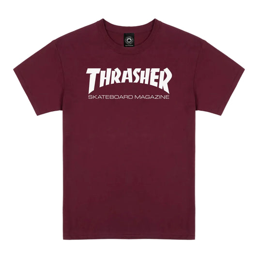 Maroon t-shirt with white 'Thrasher' logo on a white background