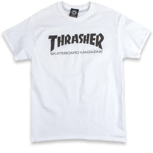 White t-shirt with 'Thrasher Skateboard Magazine' logo on a white background