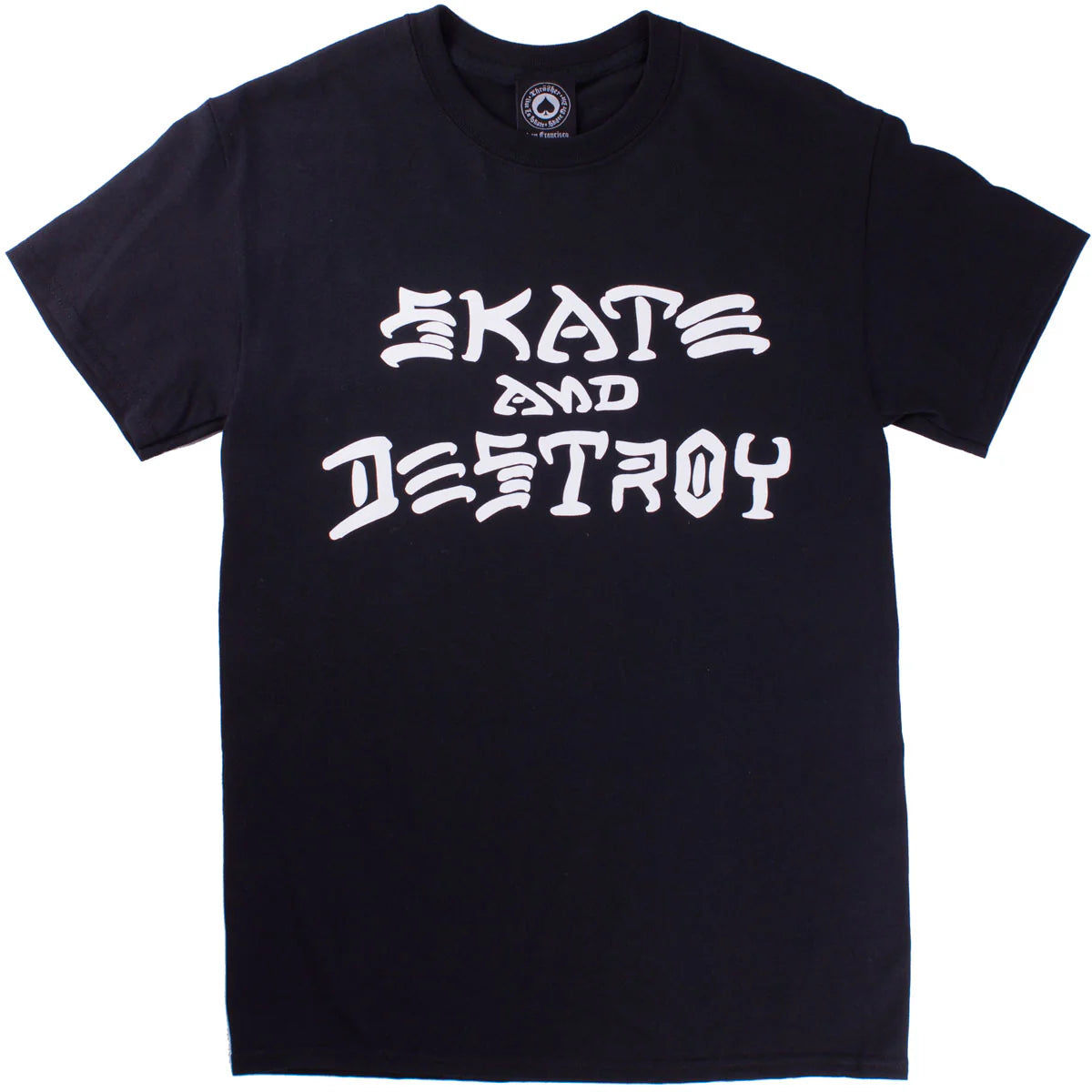 Black t-shirt with 'Skate and Destroy' text on a white background