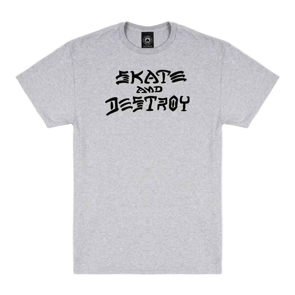 Gray t-shirt with 'Skate and Destroy' text on a white background