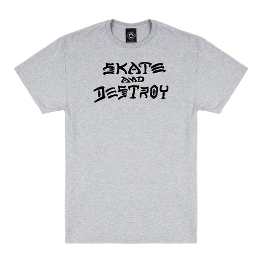 Gray t-shirt with 'Skate and Destroy' text on a white background