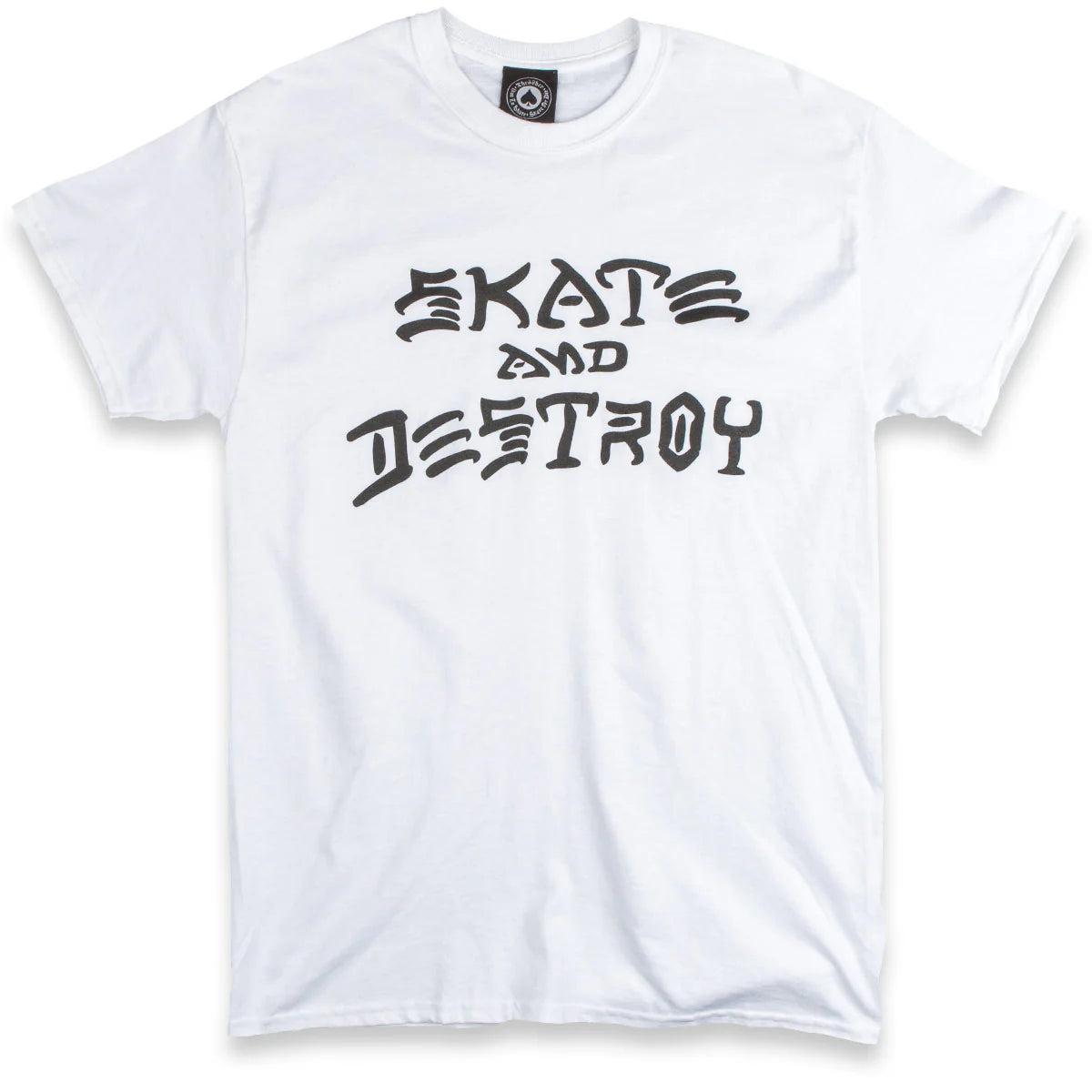 White t-shirt with 'Skate and Destroy' text on a white background