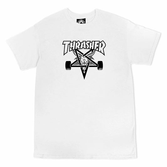 White t-shirt with a black and white graphic design featuring the word 'Thrasher' on a white background