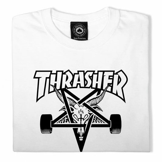 White t-shirt with black 'Thrasher' logo on a white background