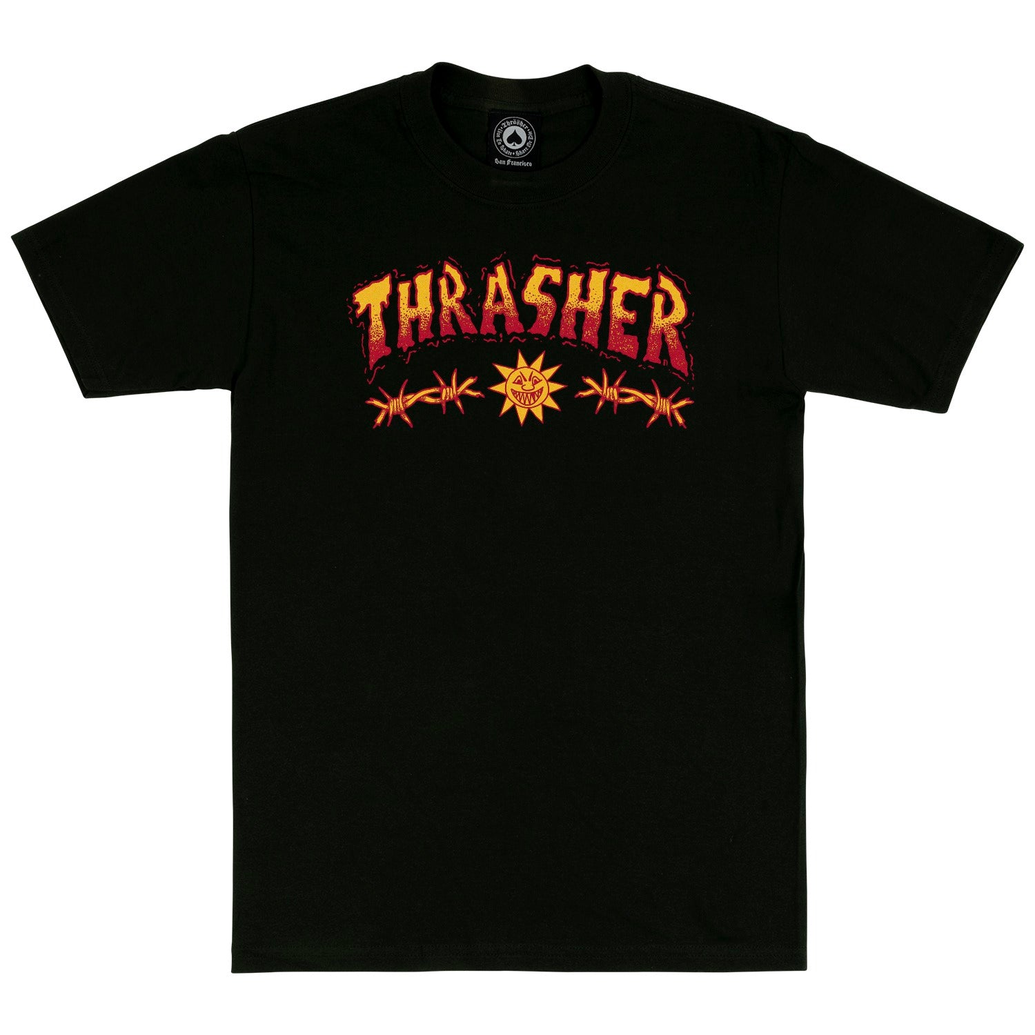 Black t-shirt with 'Thrasher' logo on a white background