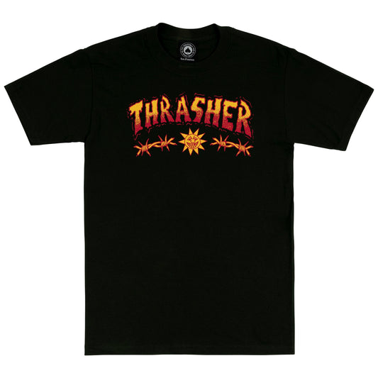 Black t-shirt with 'Thrasher' logo on a white background