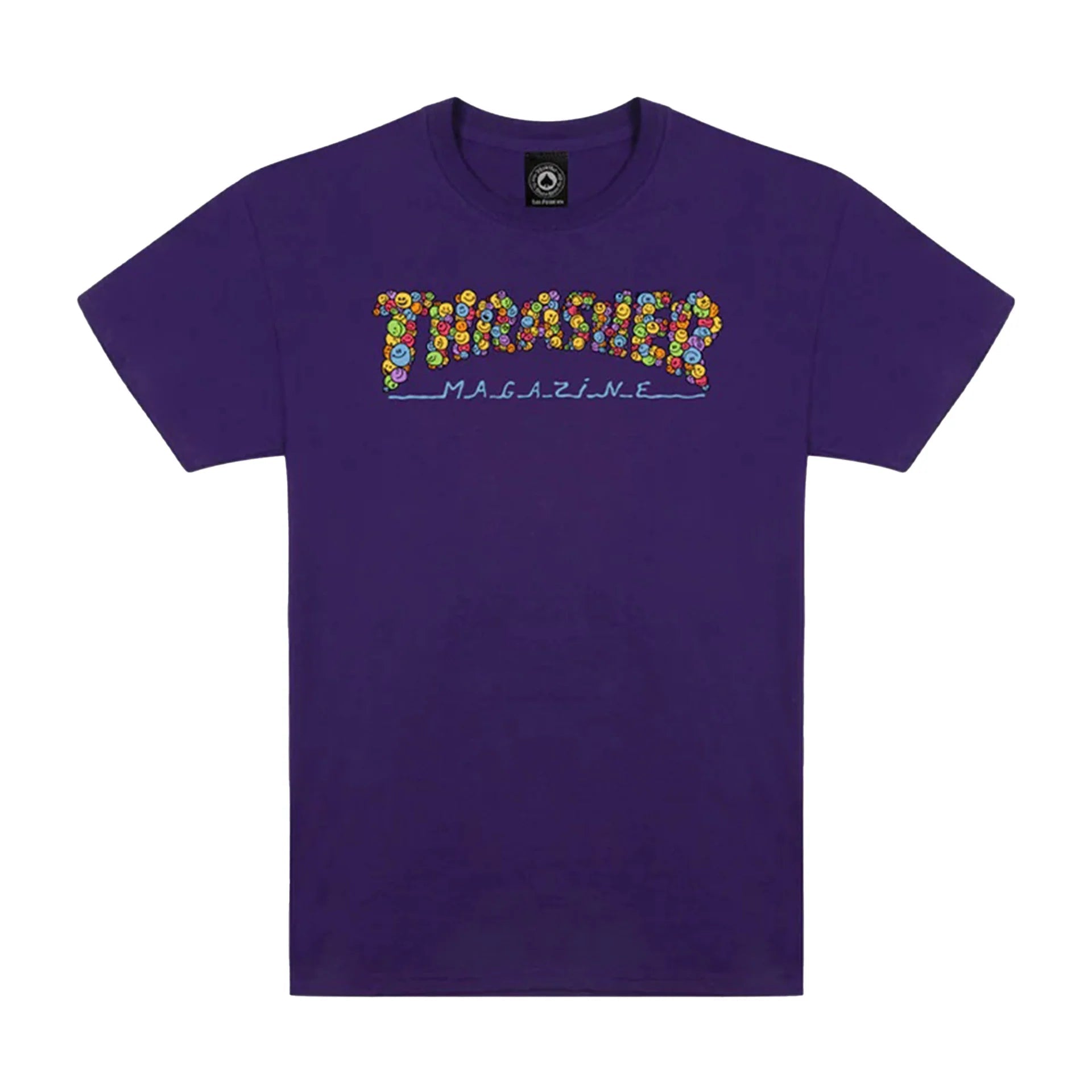 Purple t-shirt with colorful 'Thrasher Magazine' logo on a white background