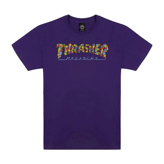 Purple t-shirt with colorful 'Thrasher Magazine' logo on a white background