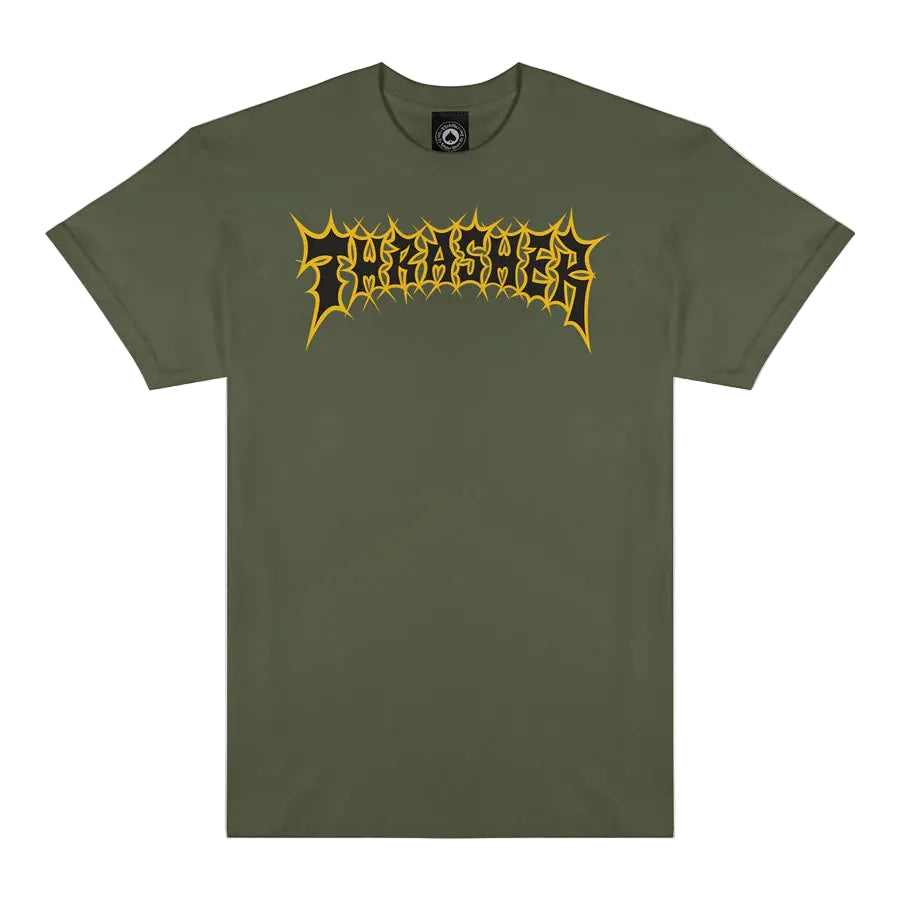 Green t-shirt with yellow graphic design on a white background