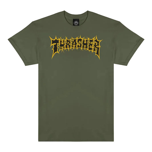 Green t-shirt with yellow graphic design on a white background