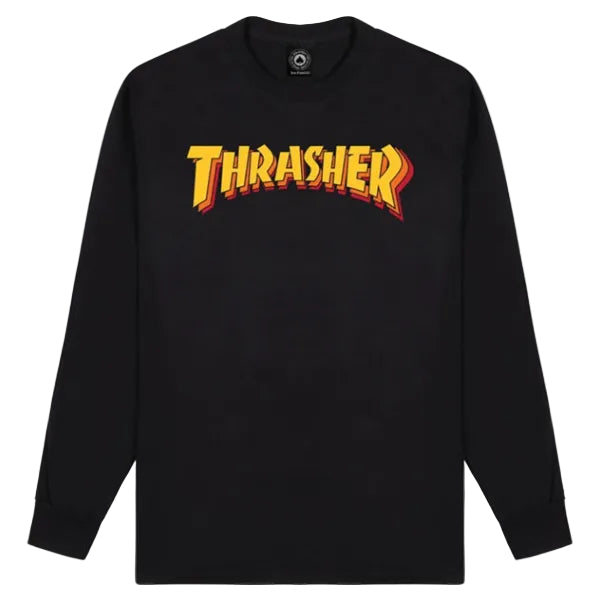 Black long-sleeve shirt with 'Thrasher' logo on a white background