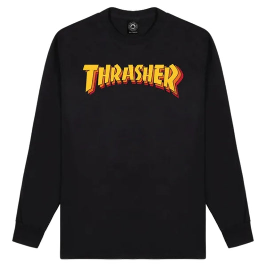 Black long-sleeve shirt with 'Thrasher' logo on a white background
