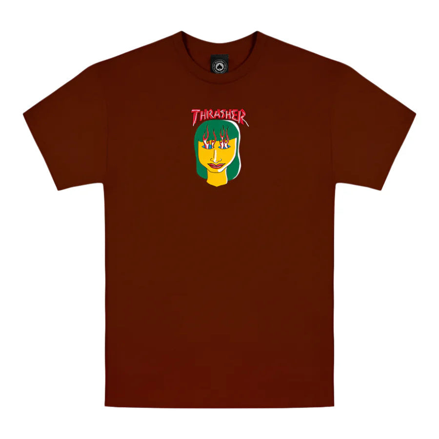 Maroon t-shirt with a graphic design on a white background