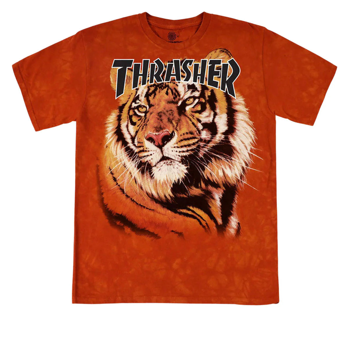 Orange t-shirt with a tiger graphic and 'Thrasher' logo on a white background