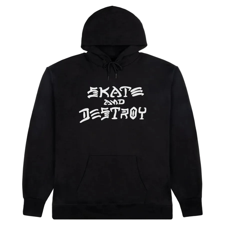Black hoodie with 'Skate and Destroy' text on a white background