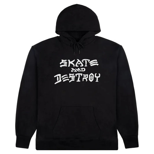 Black hoodie with 'Skate and Destroy' text on a white background