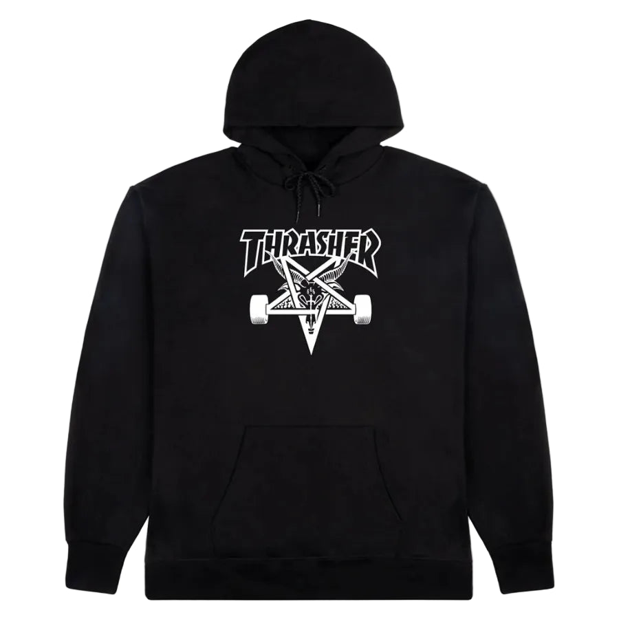 Black hoodie with Thrasher logo on a white background