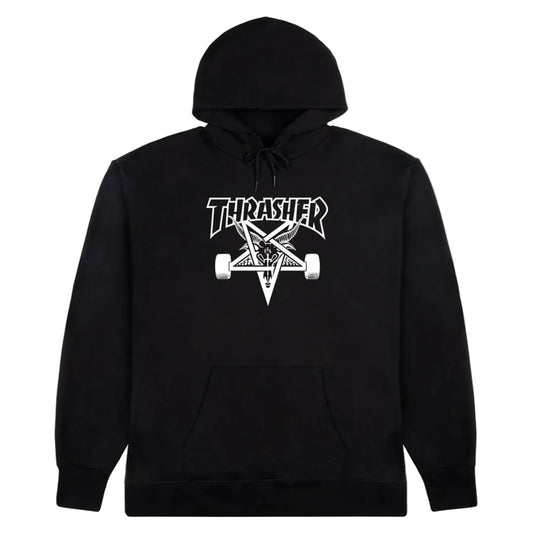 Black hoodie with Thrasher logo on a white background