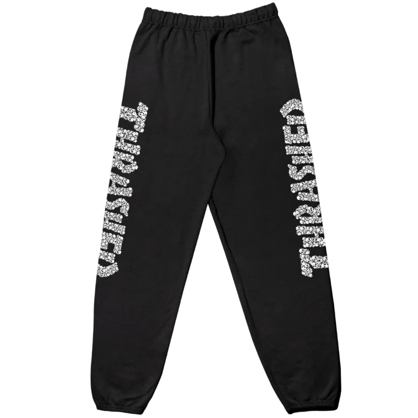Black sweatpants with 'Thrasher' text on the sides against a white background