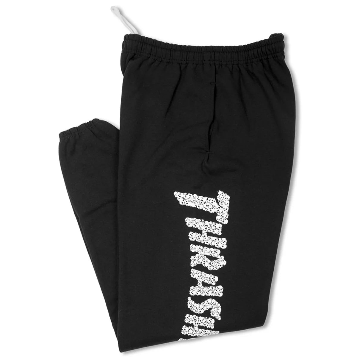 Black sweatpants with 'Thrasher' logo on a white background
