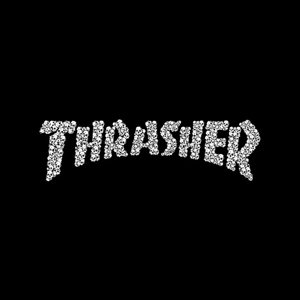 Thrasher logo made of skulls on a black background