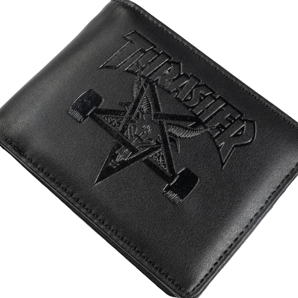 Black leather wallet with Thrasher logo on a white background