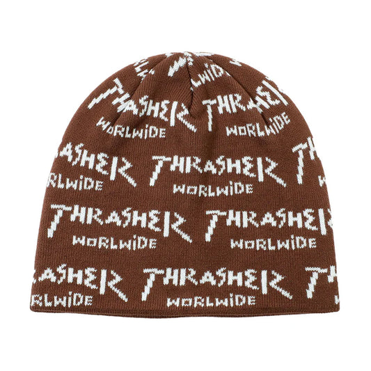 Brown beanie with white 'Thrasher' logo pattern on a white background