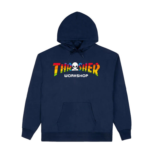 Navy blue hoodie with colorful 'Thrasher Workshop' logo on a white background