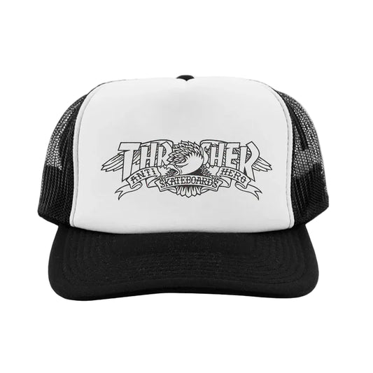 Black and white trucker cap with 'Thrasher' logo on a white background