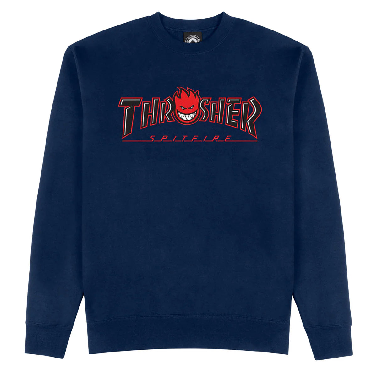 Navy blue sweatshirt with red and white logo on a white background