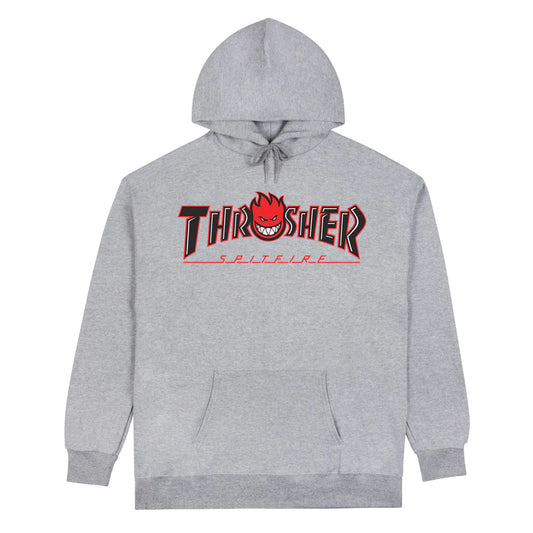 Gray hoodie with Thrasher logo on a white background