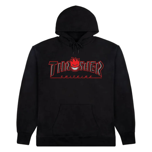Black hoodie with red logo on a white background