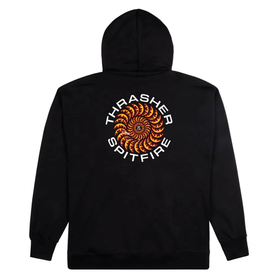 Black hoodie with 'Thrasher' and 'Spitfire' logos on a white background
