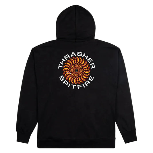 Black hoodie with 'Thrasher' and 'Spitfire' logos on a white background