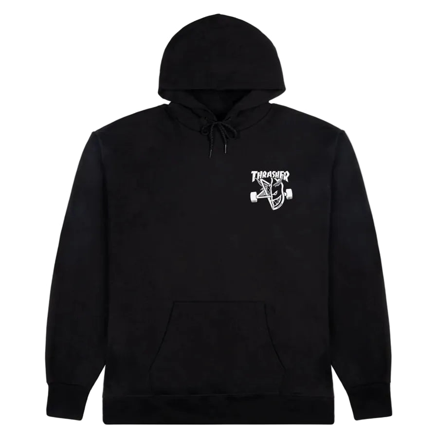 Black hoodie with a logo on the chest against a white background