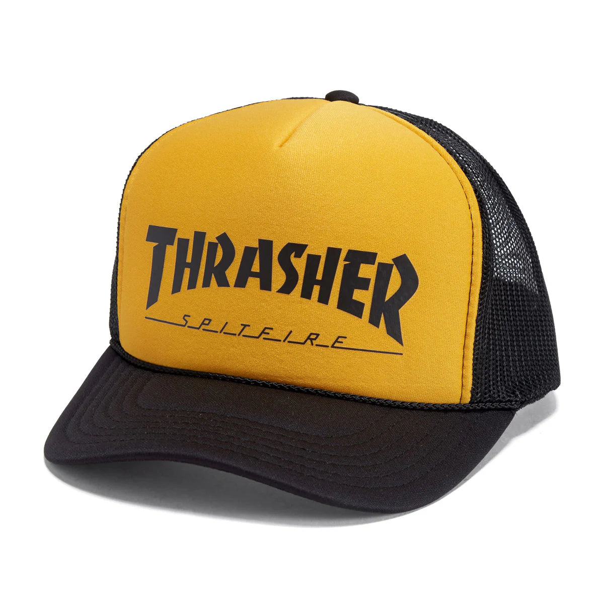 Yellow and black cap with 'Thrasher' logo on a white background