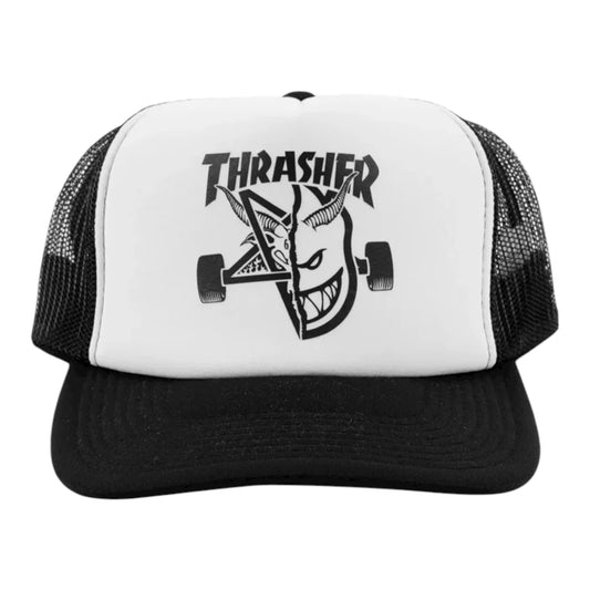 Black and white trucker hat with a graphic design and 'Thrasher' logo on a white background