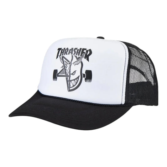 White and black cap with 'Thrasher' logo on a white background