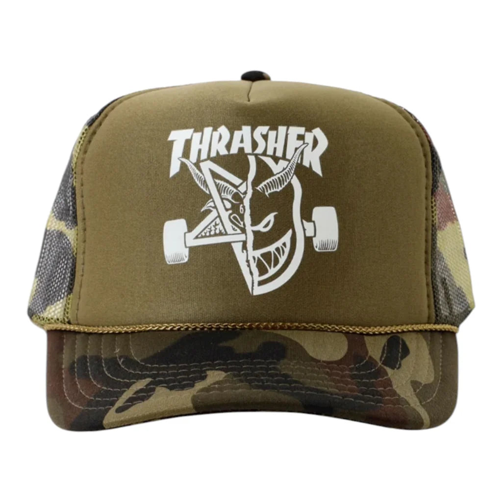 Green and camouflage cap with white 'Thrasher' logo on a white background